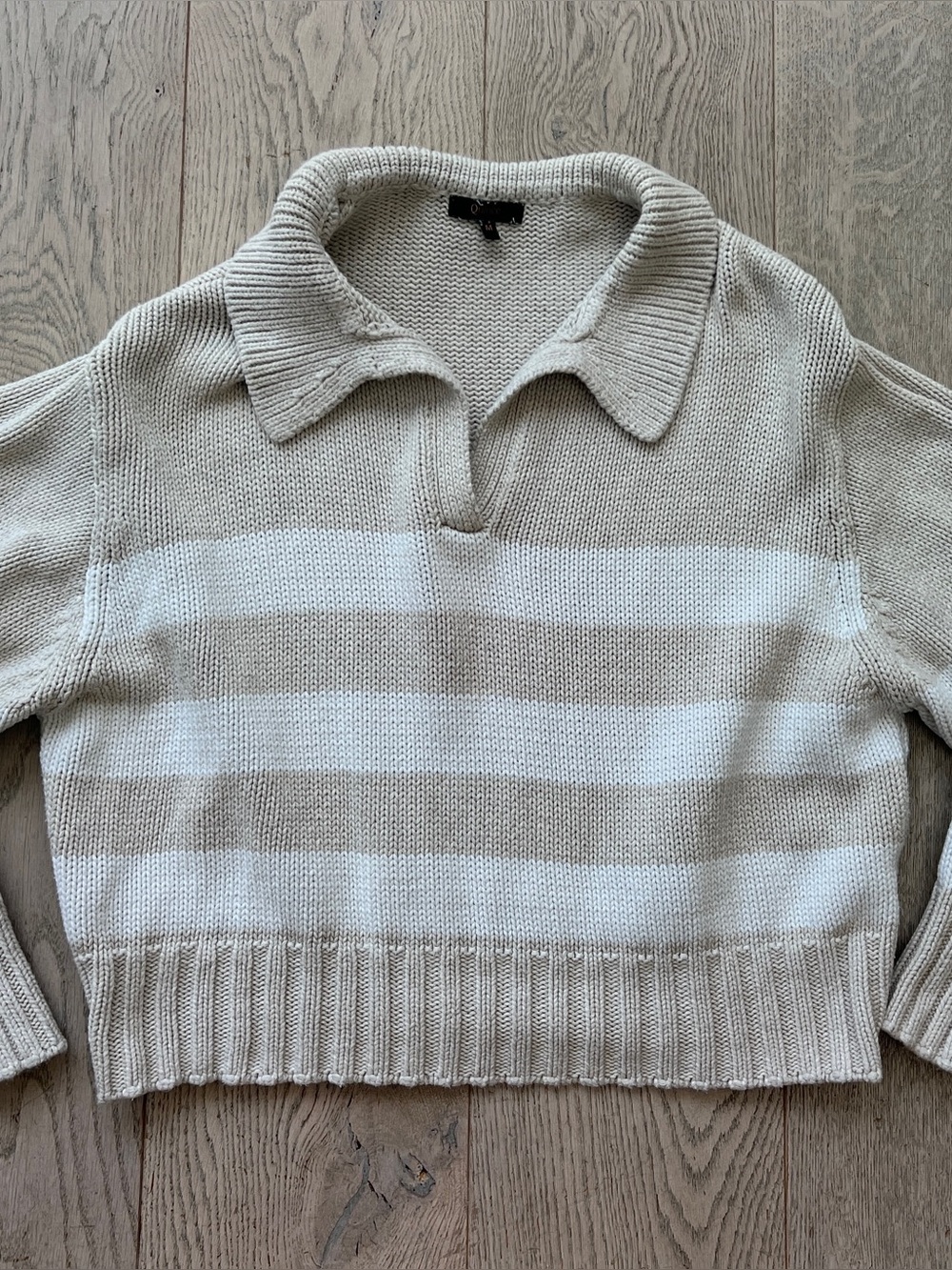 Quince Cream and White Striped V-Neck Sweater